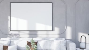 Poster çerçevesini modern iç dekorasyonda tamamen döşenmiş oda arka planı, oturma odası, İskandinav İskandinav tarzı, mesaj veya içerik için düzenleyin. Şablon, 4K 3D görüntüleme, 3B resimleme canlandırması