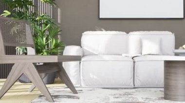 Poster çerçevesini modern iç dekorasyonda tamamen döşenmiş oda arka planı, oturma odası, İskandinav İskandinav tarzı, mesaj veya içerik için düzenleyin. Şablon, 4K 3D görüntüleme, 3B resimleme canlandırması