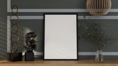 Poster çerçevesini modern iç dekorasyonda tamamen döşenmiş oda arka planı, oturma odası, İskandinav İskandinav tarzı, mesaj veya içerik için düzenleyin. Şablon, 4K 3D görüntüleme, 3B resimleme canlandırması