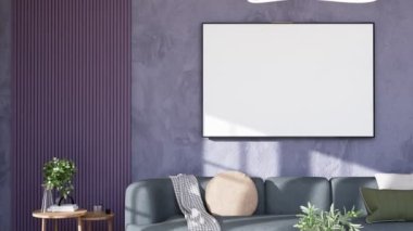 Poster çerçevesini modern iç dekorasyonda tamamen döşenmiş oda arka planı, oturma odası, İskandinav İskandinav tarzı, mesaj veya içerik için düzenleyin. Şablon, 4K 3D görüntüleme, 3B resimleme canlandırması
