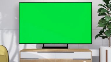 Modern arka planda krom anahtarı olan akıllı televizyon. Üstüne üstlük, süslemeler de var. Şablon, 4K 3D görüntüleme, 3B resimleme canlandırması