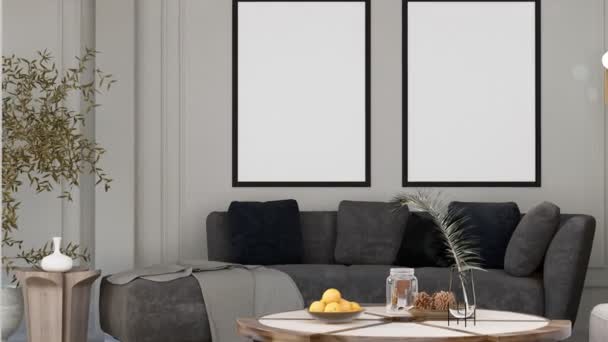 Mock Posterrahmen Modernen Interieur Voll Möblierte Zimmer Hintergrund Wohnzimmer Skandinavischen — Stockvideo