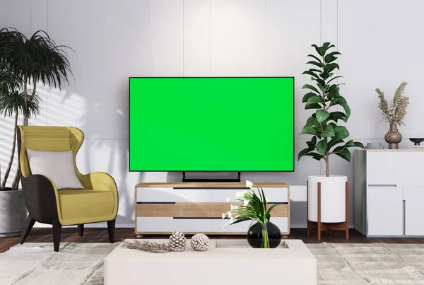 Mock up smart TV with with chroma key in modern interior fully furnished rooms background, living room, Scandinavian nordic style, for text message or content. 3D rendering,  3D Illustration