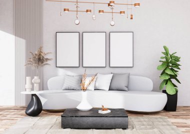 Poster çerçevesini modern iç dekorasyonda tamamen döşenmiş odalar arka plan, oturma odası, İskandinav İskandinav tarzı, mesaj veya içerik için. 3B görüntüleme, 3B Görüntü