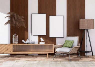 Poster çerçevesini modern iç dekorasyonda tamamen döşenmiş odalar arka plan, oturma odası, İskandinav İskandinav tarzı, mesaj veya içerik için. 3B görüntüleme, 3B Görüntü