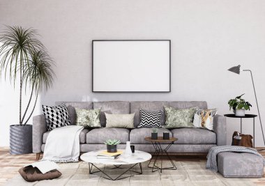 Poster çerçevesini modern iç dekorasyonda tamamen döşenmiş odalar arka plan, oturma odası, İskandinav İskandinav tarzı, mesaj veya içerik için. 3B görüntüleme, 3B Görüntü