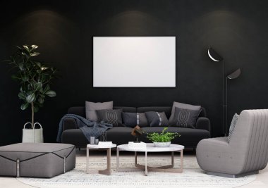 Poster çerçevesini modern iç dekorasyonda tamamen döşenmiş odalar arka plan, oturma odası, İskandinav İskandinav tarzı, mesaj veya içerik için. 3B görüntüleme, 3B Görüntü