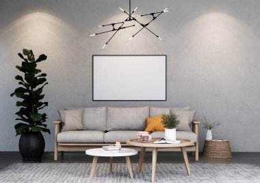 Poster çerçevesini modern iç dekorasyonda tamamen döşenmiş odalar arka plan, oturma odası, İskandinav İskandinav tarzı, mesaj veya içerik için. 3B görüntüleme, 3B Görüntü