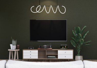 Modern iç mekan mobilyalı odalarda, oturma odasında, İskandinav İskandinav tarzında akıllı TV 'yi kısa mesaj veya içerik için tasarlayın. 3B görüntüleme, 3B Görüntü
