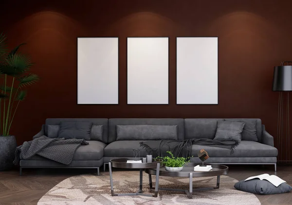 Mock Quadro Cartaz Interior Moderno Quartos Totalmente Decorados Fundo Sala — Fotografia de Stock