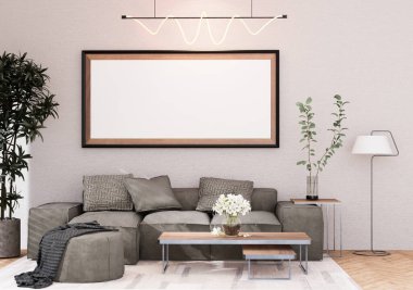 Poster çerçevesini modern iç dekorasyonda tamamen döşenmiş odalar arka plan, oturma odası, İskandinav İskandinav tarzı, mesaj veya içerik için. 3B görüntüleme, 3B Görüntü