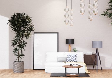Poster çerçevesini modern iç dekorasyonda tamamen döşenmiş odalar arka plan, oturma odası, İskandinav İskandinav tarzı, mesaj veya içerik için. 3B görüntüleme, 3B Görüntü