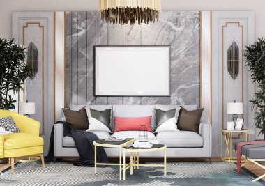 Poster çerçevesini modern iç dekorasyonda tamamen döşenmiş odalar arka plan, oturma odası, İskandinav İskandinav tarzı, mesaj veya içerik için. 3B görüntüleme, 3B Görüntü