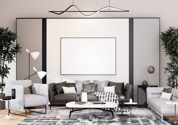 現代的なインテリアでポスターフレームをモックアップ完全に家具付きの部屋の背景 リビングルーム 北欧北欧スタイル テキストメッセージやコンテンツのために 3Dレンダリング 3Dイラスト ロイヤリティフリーのストック写真