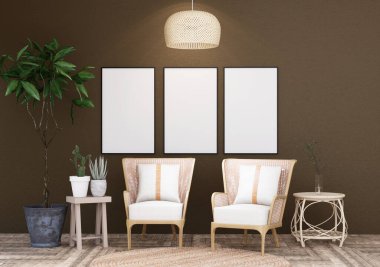 Mobilya ve demirbaşlı 3 fotoğraf çerçeveli oturma odası, bohem iç tasarım tarzı, metin mesajı ya da içeriği için. 3B görüntüleme, 3B Görüntü