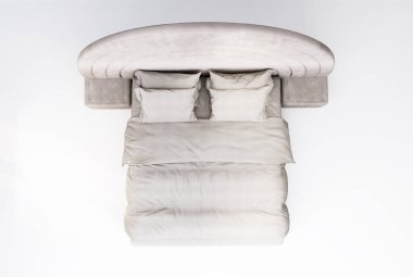 Yatak başlığını kaplayan Gökkuşağı Gri Kadife döşemeli 3d Mobilya Modern Yatak Kral boyutu, Kırpma yolu ile beyaz bir zemin üzerinde izole edilmiş, yatak odası için dekorasyon tasarımı.