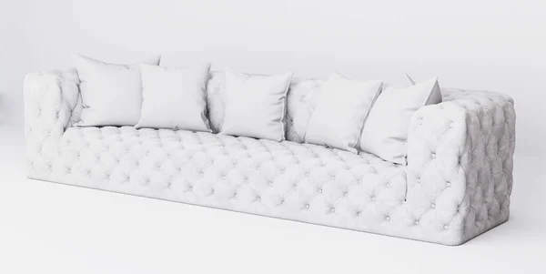 3D家具白色意大利皮革沙发具有坚实的木制底座 镶嵌着钻石框架 钮扣与白色背景隔离 装饰设计适于生活 — 图库照片