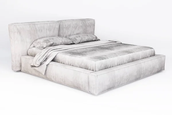 Möbel Modernes Bett King Size Mit Grauem Samt Polsterung Isoliert — Stockfoto