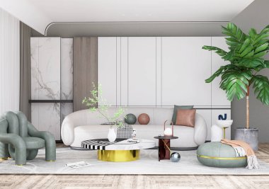 Modern oturma odası, açık renkli kanepe, sehpanın yanındaki koltuklar, modern halı, yer lambası ve dekorasyon duvarı, lüks oturma odası, İskandinav tarzı, mesaj veya içerik için. 3B görüntüleme, 3B Görüntü