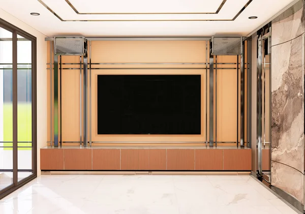 Prepara Televisión Inteligente Interior Moderno Habitaciones Totalmente Amuebladas Fondo Comedor — Foto de Stock