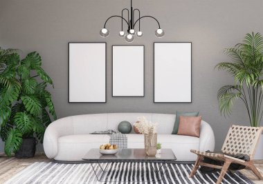 Model çerçeve, modern iç dekorasyonla döşenmiş odalar, arka plan, oturma odası, mesaj veya içerik için. 3B görüntüleme, 3B Görüntü