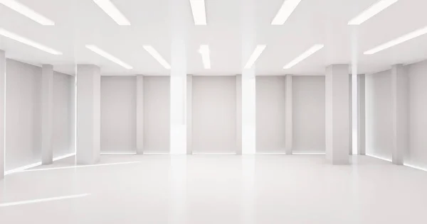 空の白いホールの展示スペース 展覧会やイベントの背景 タイルの床 マーケティングモックアップ 3Dレンダリング 3Dイラスト — ストック写真