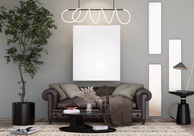 Oturma odasının şatafatlı iç tasarımı, kanepeli, seramik kapta tropikal bitki, zencefil renkli duvarda poster çerçevesi. Şablon. Ev dekoru. 3B Hazırlama