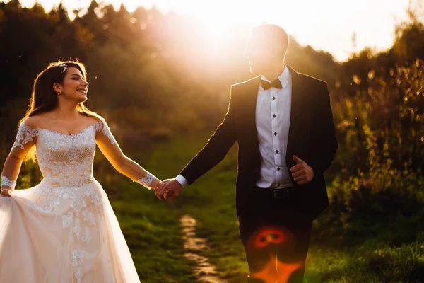 Brud Och Brudgum Bröllopsdagen Promenader Naturen Nygifta Håller Varandra Handen — Stockfoto