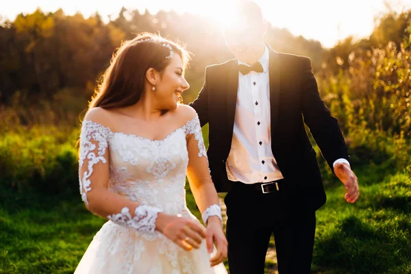 Detailní Záběr Novomanželů Jak Objímají Usmívají Sluneční Svit Příroda — Stock fotografie