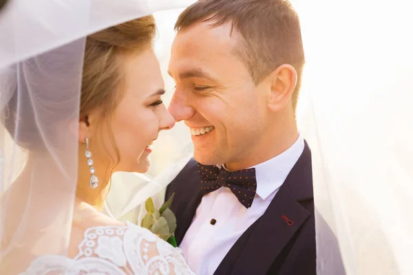 Nevěsta Ženich Objímají Dívají Sebe Pod Svatebním Závojem Novomanželé Parku — Stock fotografie