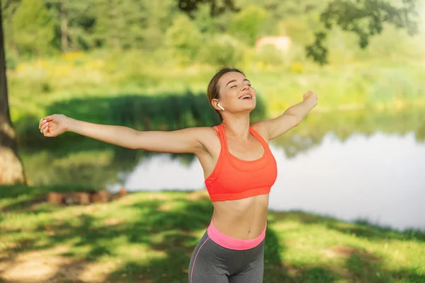 Attractive Blonde Woman Practicing Yoga Park Closed Eyes — Stock Photo, Image