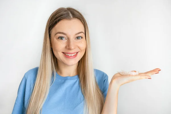 Young European Doctor Woman White Background Holding Invisible Aligner Dental — Stock Photo, Image