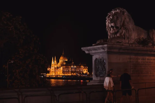 Budapest Magyarország 2019 Szeptember Gyönyörű Parlamenti Épület Távolról Folyóparti Éjszakai — Stock Fotó