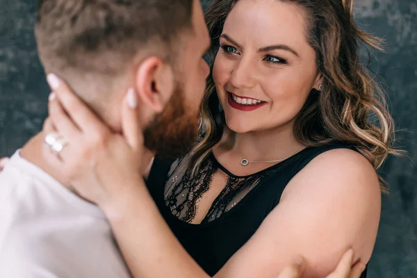 Love Your Eyes Loving Millennial Woman Embracing Neck Beloved Man — Stockfoto