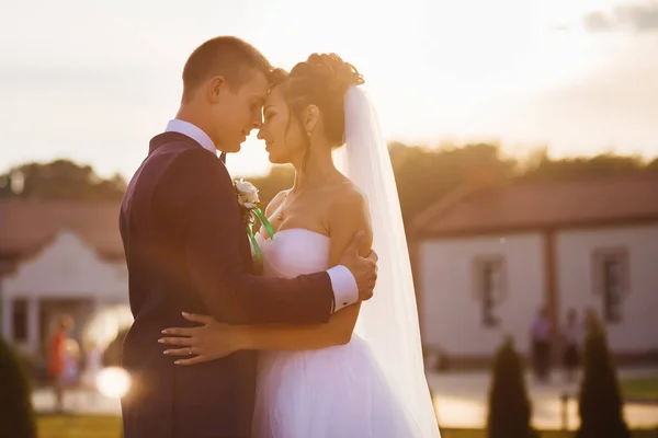 Casal Amoroso Com Olhos Fechados Estão Abraçando Ternamente Pôr Sol — Fotografia de Stock