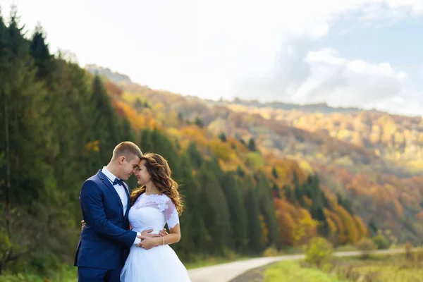 穿着婚纱的一对情侣 在高山和大自然的衬托下温存地拥抱在一起 — 图库照片