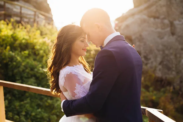 新娘温柔地爱抚着丈夫 用充满爱心的眼睛望着他 在夕阳西下的背景下拥抱他 结婚的概念 — 图库照片