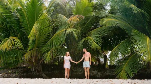 A happy honeymoon couple walks in island against the background of palms.