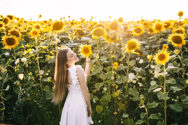 Радісна Приваблива Красива Молода Жінка Йде Серед Соняшникового Поля Насолоджуючись — стокове фото