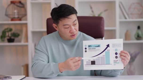 Азіатський Чоловік Пояснює Діаграму Зростання Доходів Розробка Концепція Економічного Зростання — стокове відео