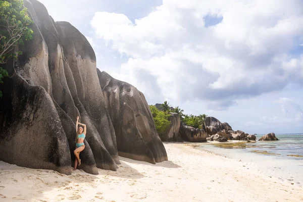 Wide Panorama Woman Traveler Swimsuit Stand Rock Looks Ocean — Fotografia de Stock