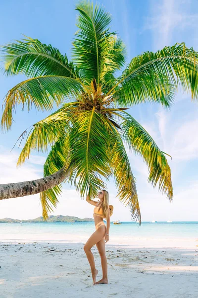 一位女游客穿过塞舌尔奢华的热带度假胜地的一个公园 海下棕榈树旁的女孩 — 图库照片