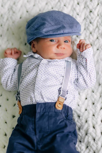 Cute Newborn Baby Boy Shirt Blue Pants Hat Suspenders Smiling — Stock Photo, Image