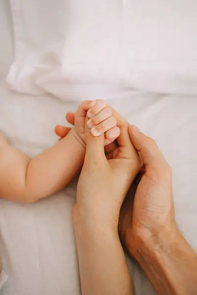 어머니와 아버지의 아이와 손바닥의 클로즈업 태어난 아기는 부모의 손가락에 확고한 — 스톡 사진