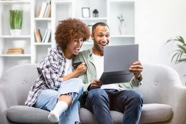 캐쉬백 집에서 소파에 노트북을 즐거운 기스팅 성공을 인터넷 — 스톡 사진
