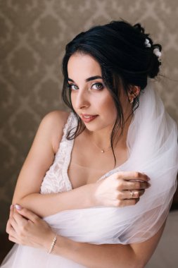 Beyaz bir duvak takan gelinlik içinde genç ve güzel bir gelin. Düğün töreni için hazırız..