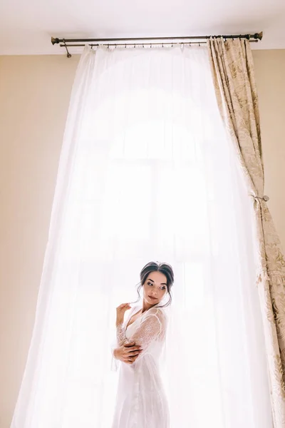 Beautiful Bride Fashionable Makeup Net Dress Background Window — Stock Photo, Image