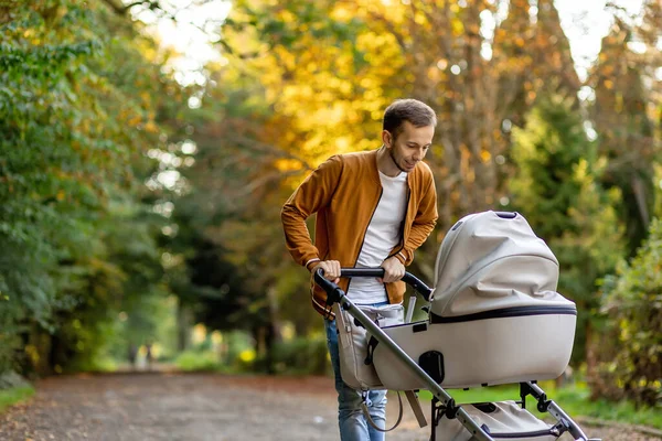 Happy Father Pushing Infant Baby Stroller Walking Park Spending Time — Stock Photo, Image