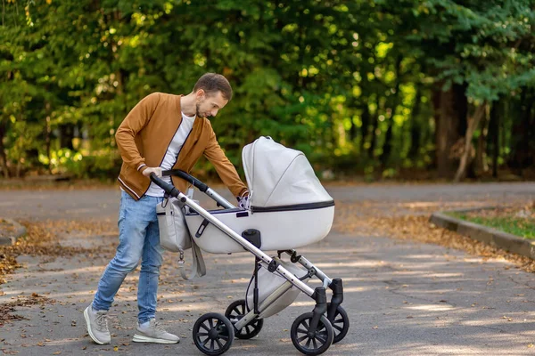 Young Father Strolling Sleeping Baby Pram City Street — Stock Photo, Image