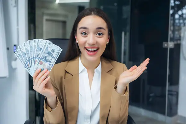 Happy Business Woman Girl Holding Fan Cash Money Dollar Banknotes — Stock Photo, Image